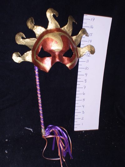 Copper and Gold half mask Sun, on Ribboned Stick
