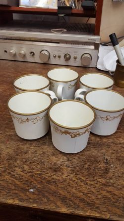Plastic white Tea cups and saucers w/ Gold accents