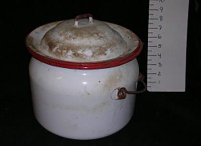 Large white pot w/ red on handles and rim