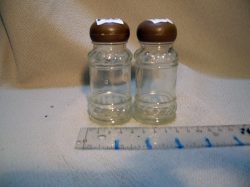 Salt & pepper shakers, glass w/ brown wood top