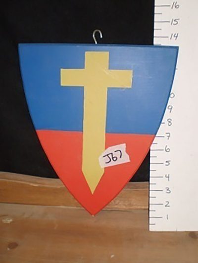 Blue + red with gold cross (?)