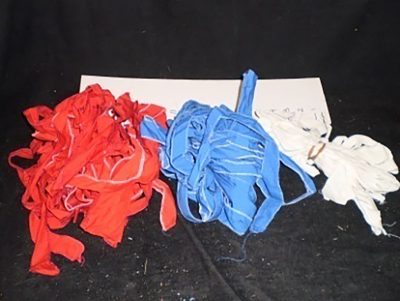Cloth ties, long, red, white, blue.