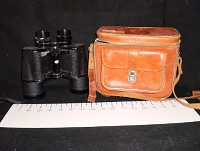 Binoculars, large black in red brown leather case