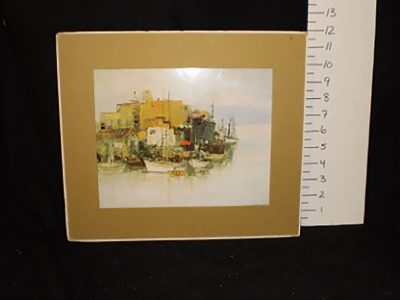 Fishing village print with mustard matting
