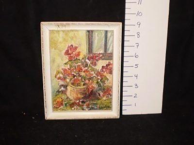 7x9 white frame flowers in pot on table(oil)